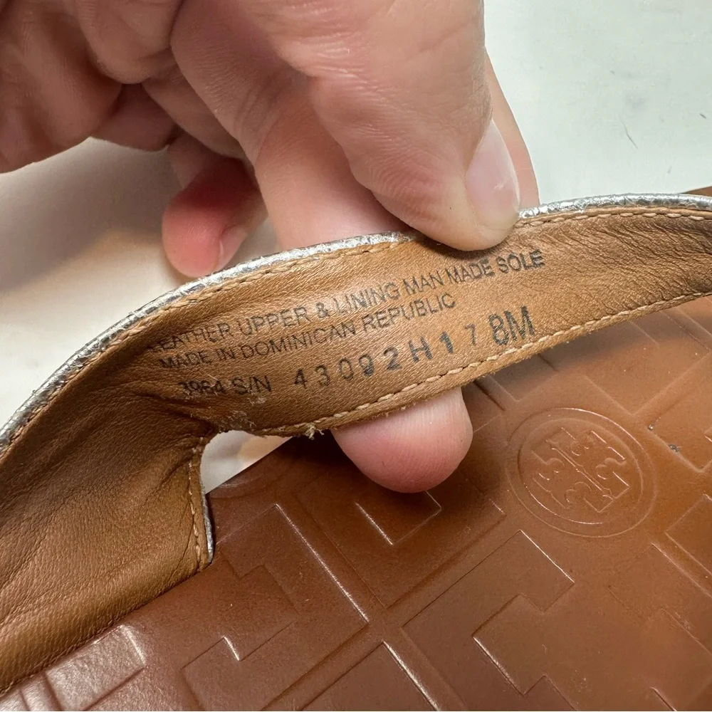 Tory Burch Silver Leather Flip Flop Sandals with Brown Footbed